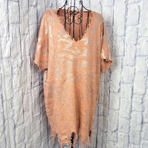 Distressed V-Neck Shimmer Sweater - Peach